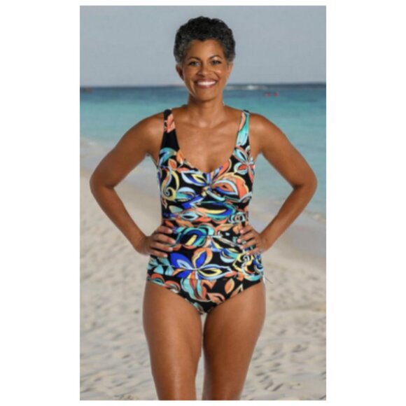 **Maxine Of Hollywood** Women's V-Neck Twist Front Shirred One Piece Swimsuit - Picture 1 of 8